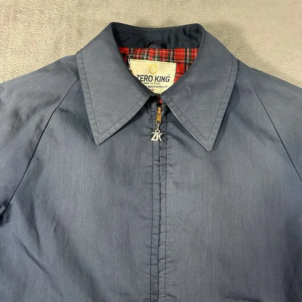 Zero King Jacket Blue Mens 38 Vintage USA Plaid Lined Windbreaker Coat Zip